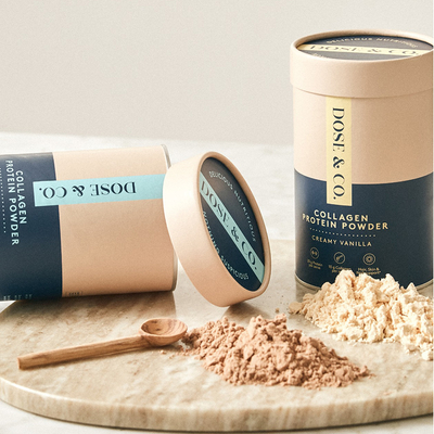 Collagenpulver in Lebensmittelqualität, Papierrohr, Kanister, Kartonverpackung für Proteinpulver